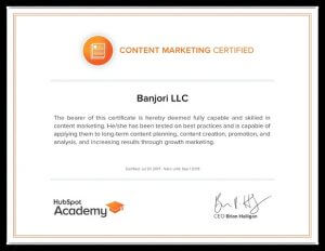 Banjori LLC Hubspot Content Mkting Certification
